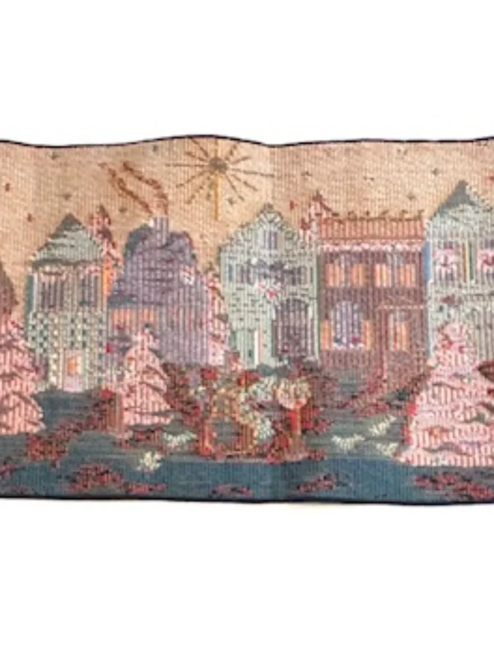 VTG Christmas Table Runner Tapestry Fringe Snowman Winter Village 31